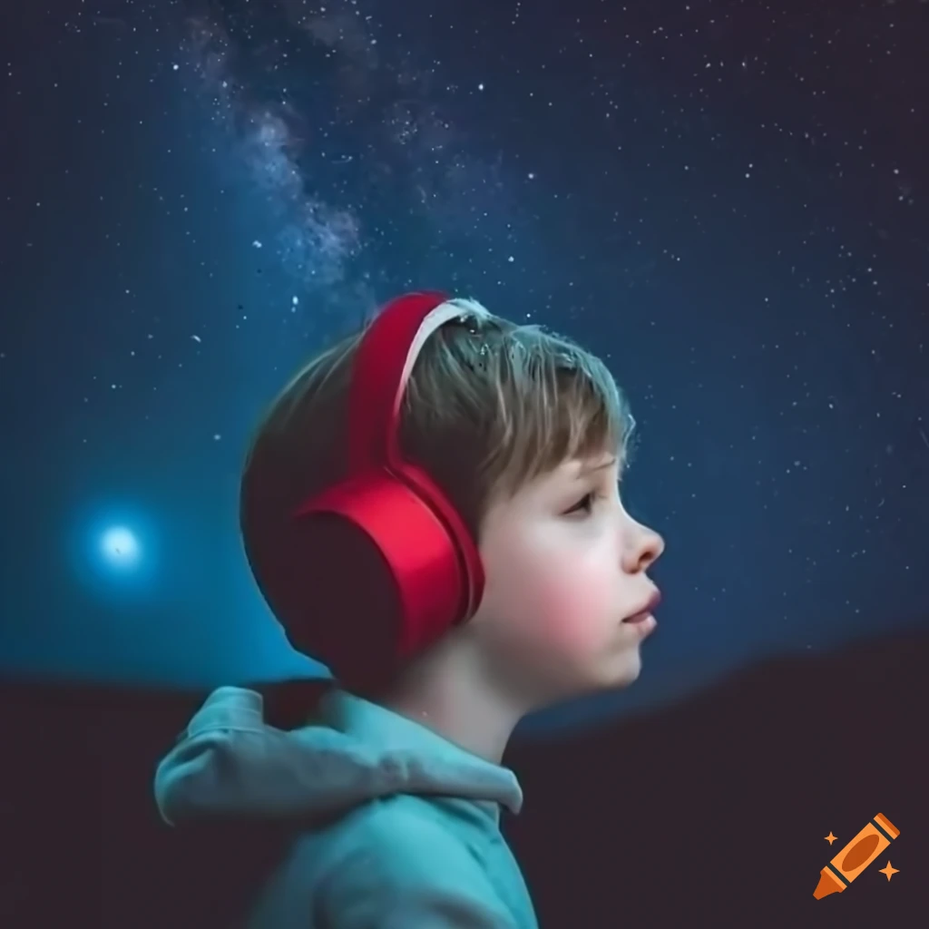Melancholic boy stargazing while listening to music with bleeding