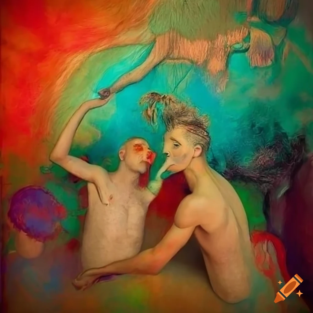 Colorful surreal fin-de-siecle hair salon with male customers getting unique makeovers