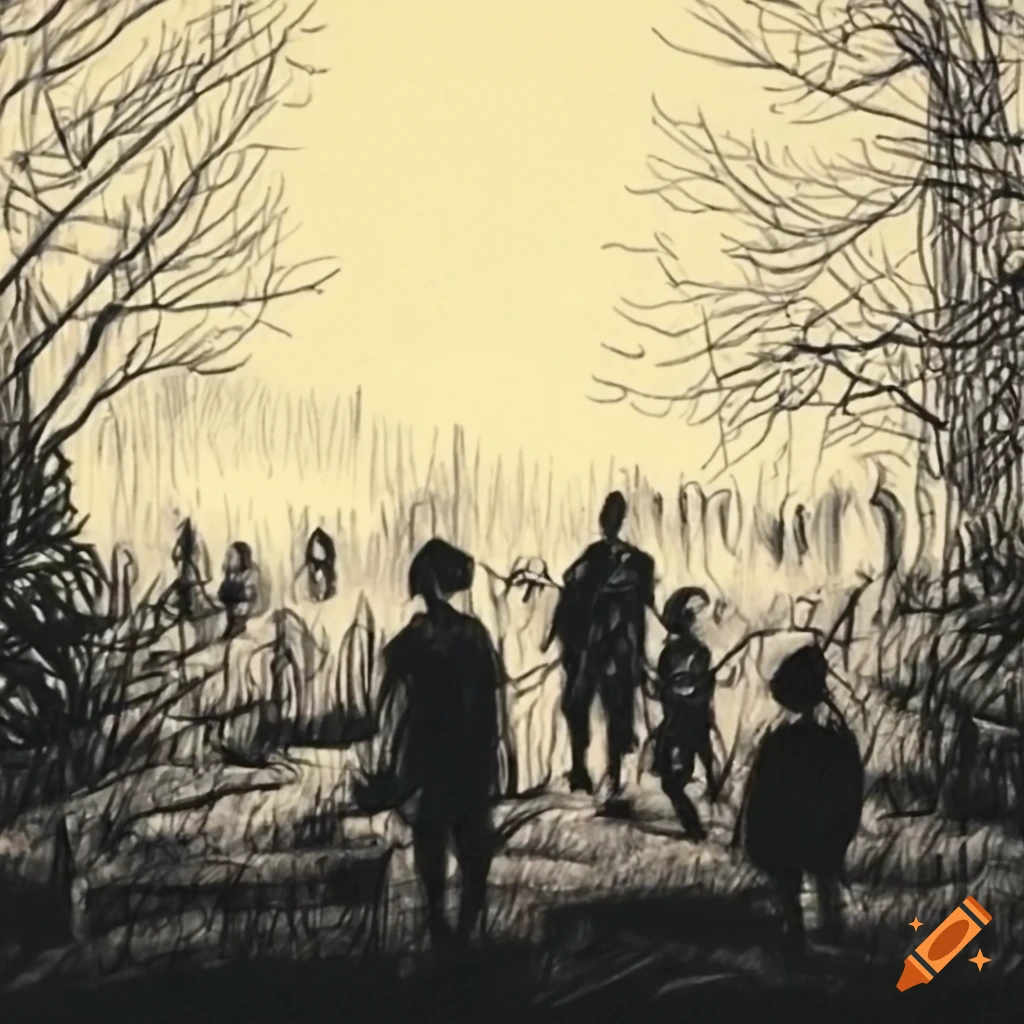 Peasants gathering in front of a cottage house in a Polish village, charcoal drawing in black and white