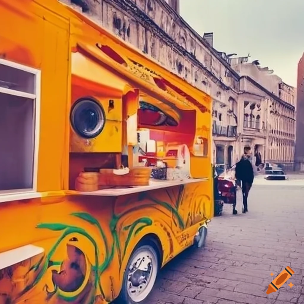Bright orange food truck named A la Roue'scousse serving delicious meals on the street