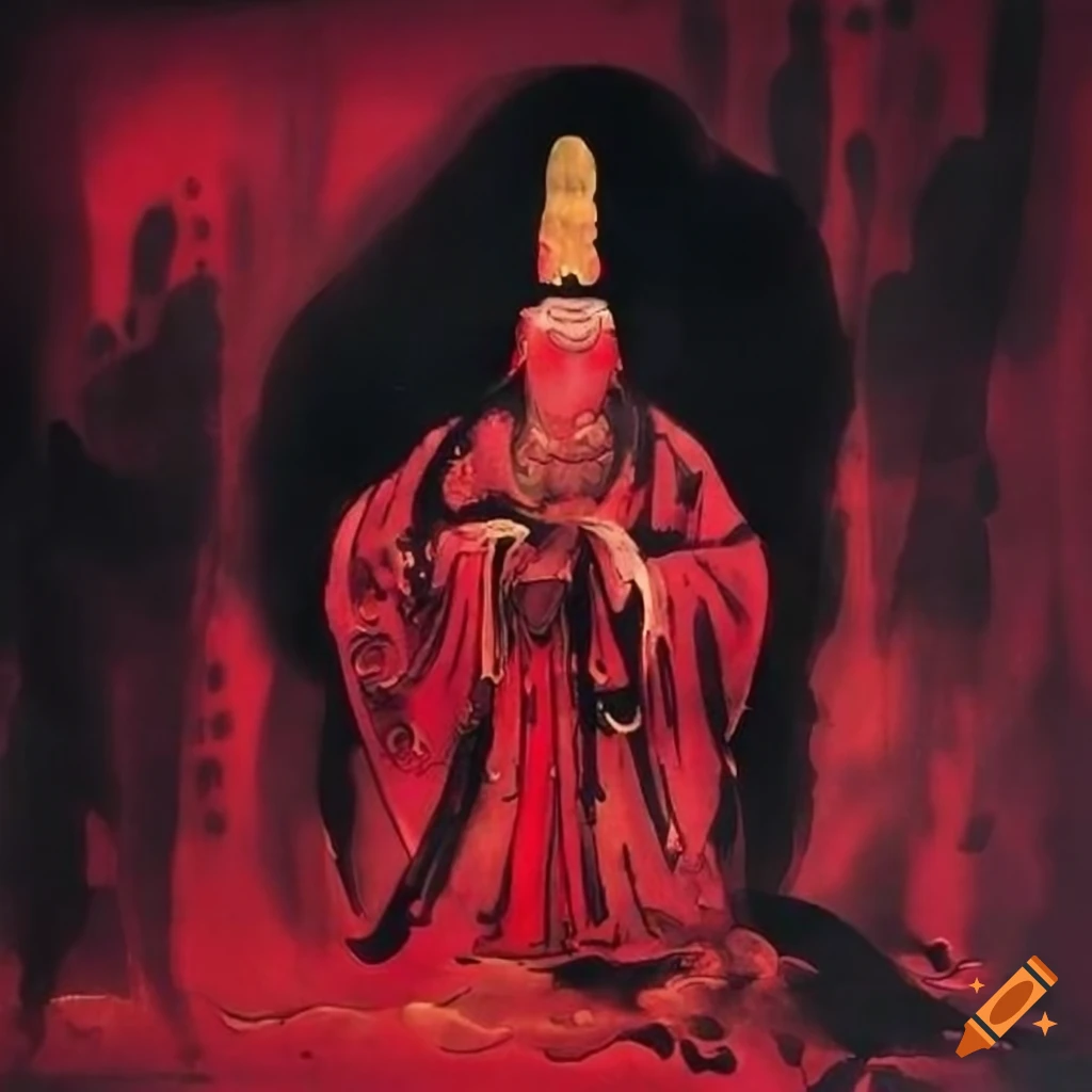 Chinese ink painting depicting a ritual in black, purple, and red on