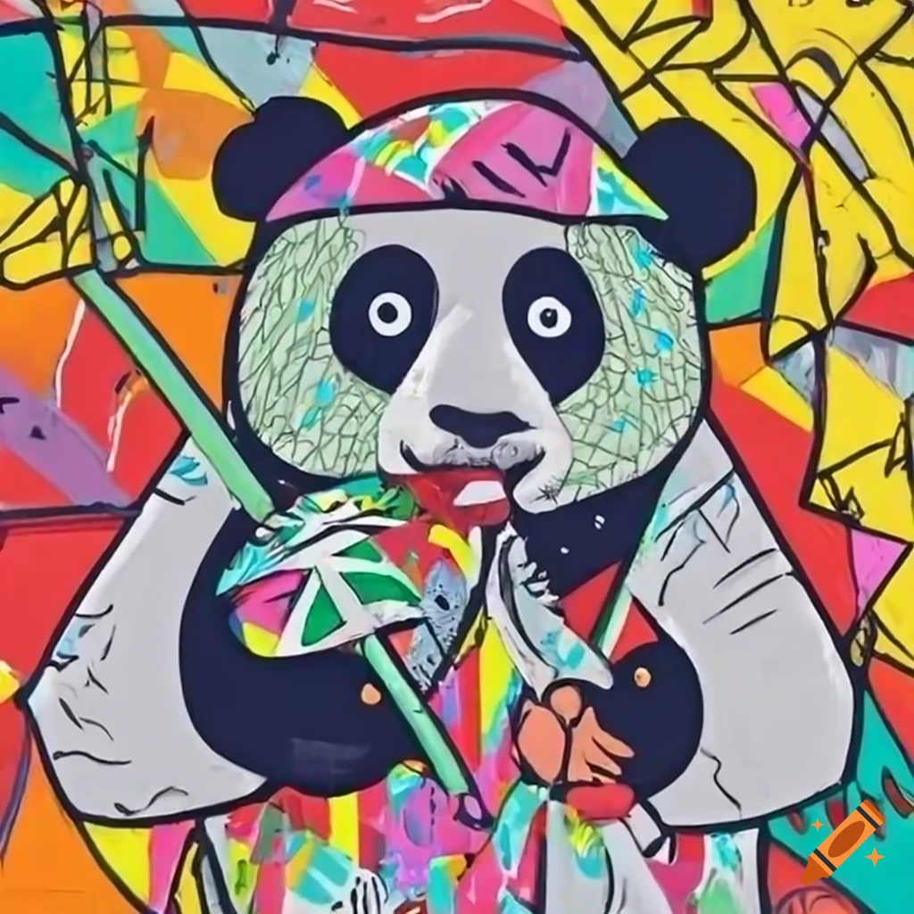 Psychedelic pandas with bamboo in rain coats at the circus in graffiti Picasso style