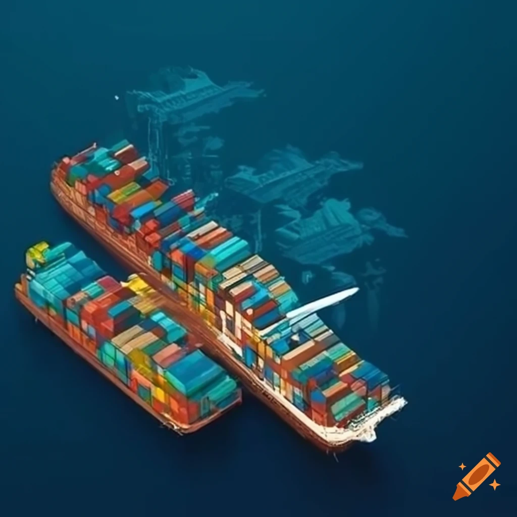 Global supply chain in action with cargo transportation on land and sea depicted on a world map