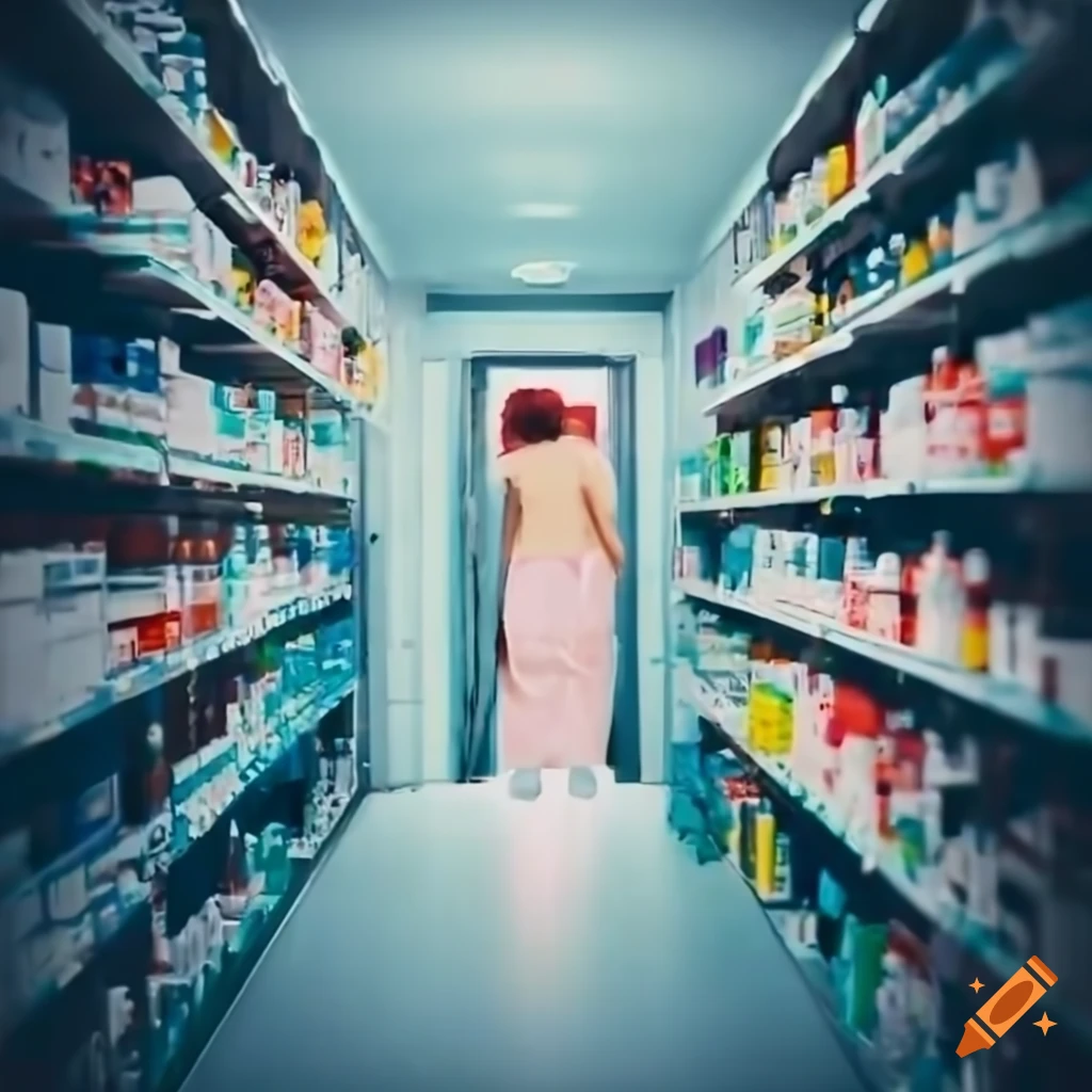 Person's point of view in a pharmacy hallway