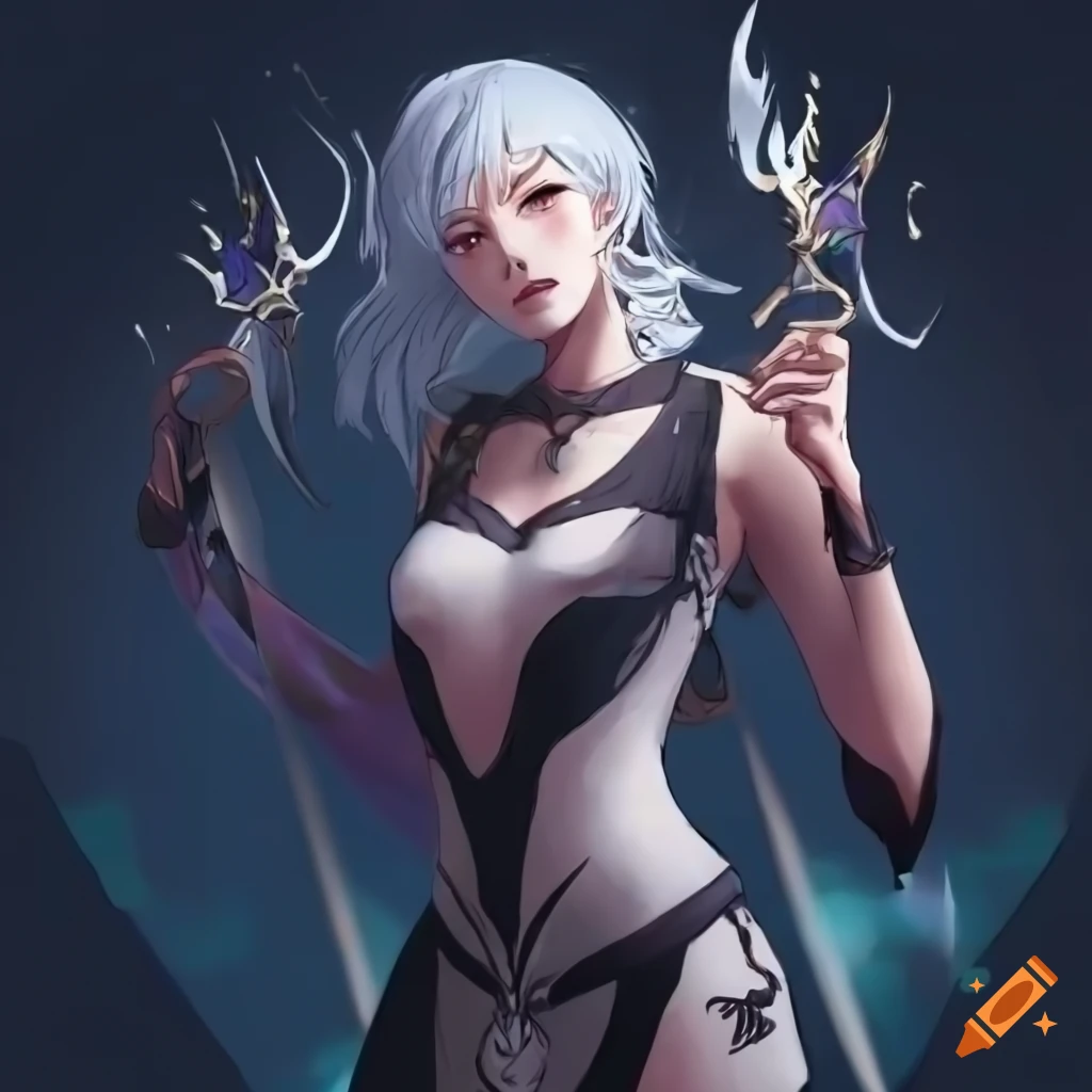 Enchanting mage girl with white hair and ornate daggers in dramatic JJK art style