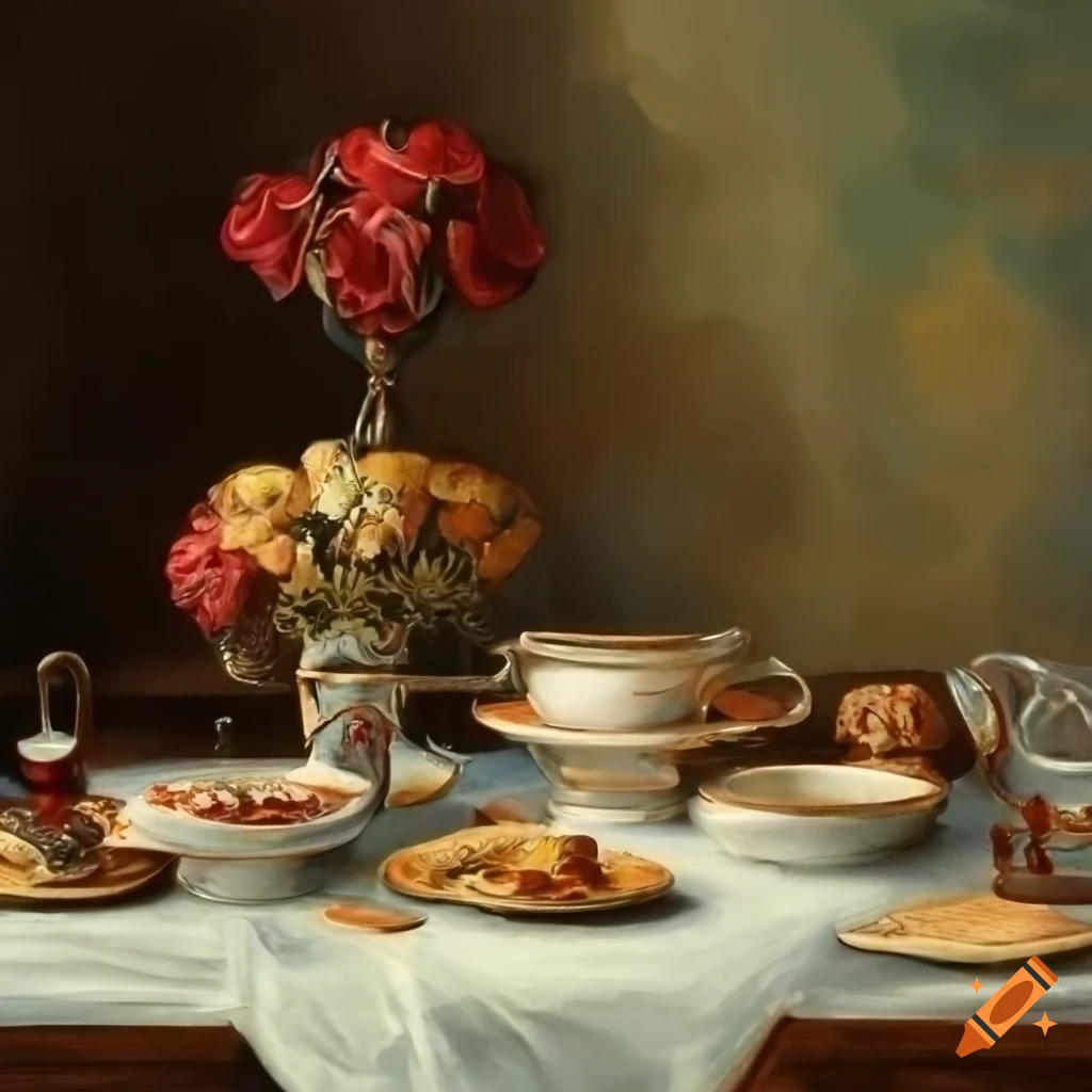 Victorian breakfast table with plates and cups