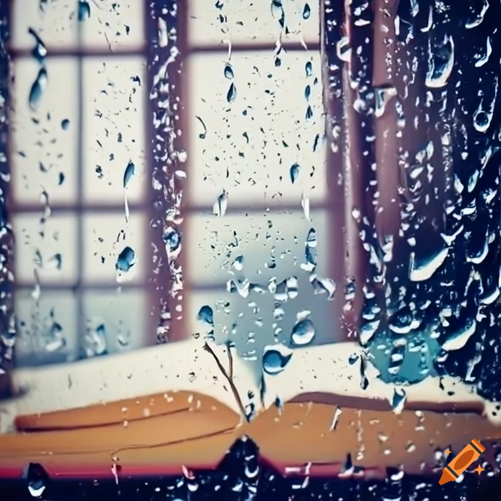 Book on windowsill with rainy day view outside on Craiyon