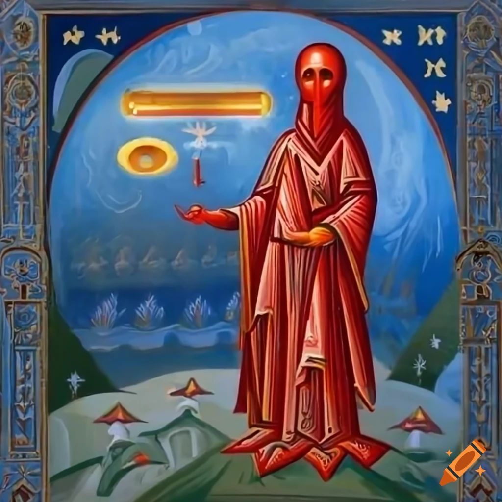 Orthodox icon of a red creature with elongated black eyes stoned to