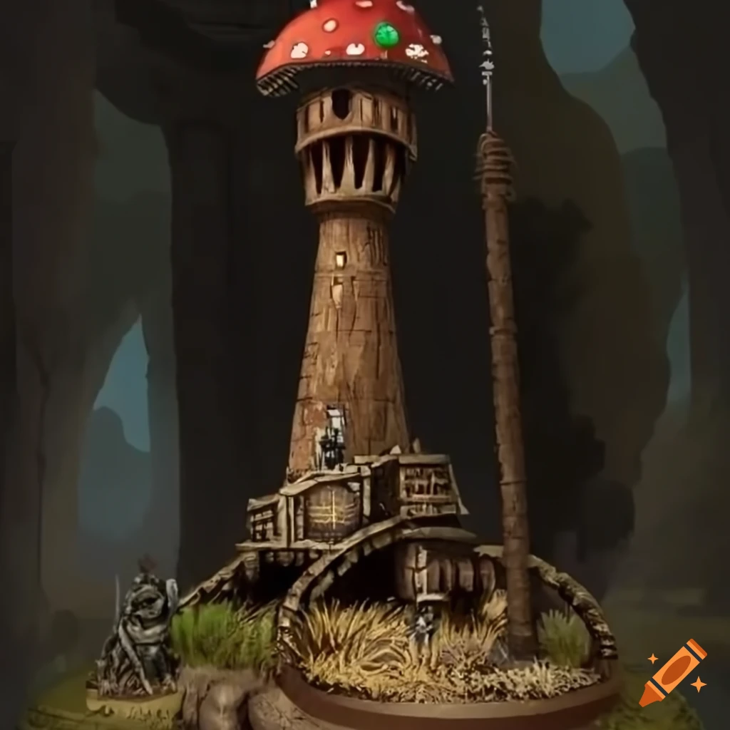 Defense tower with mushroom hat hull and long cannon in nature, Warhammer style
