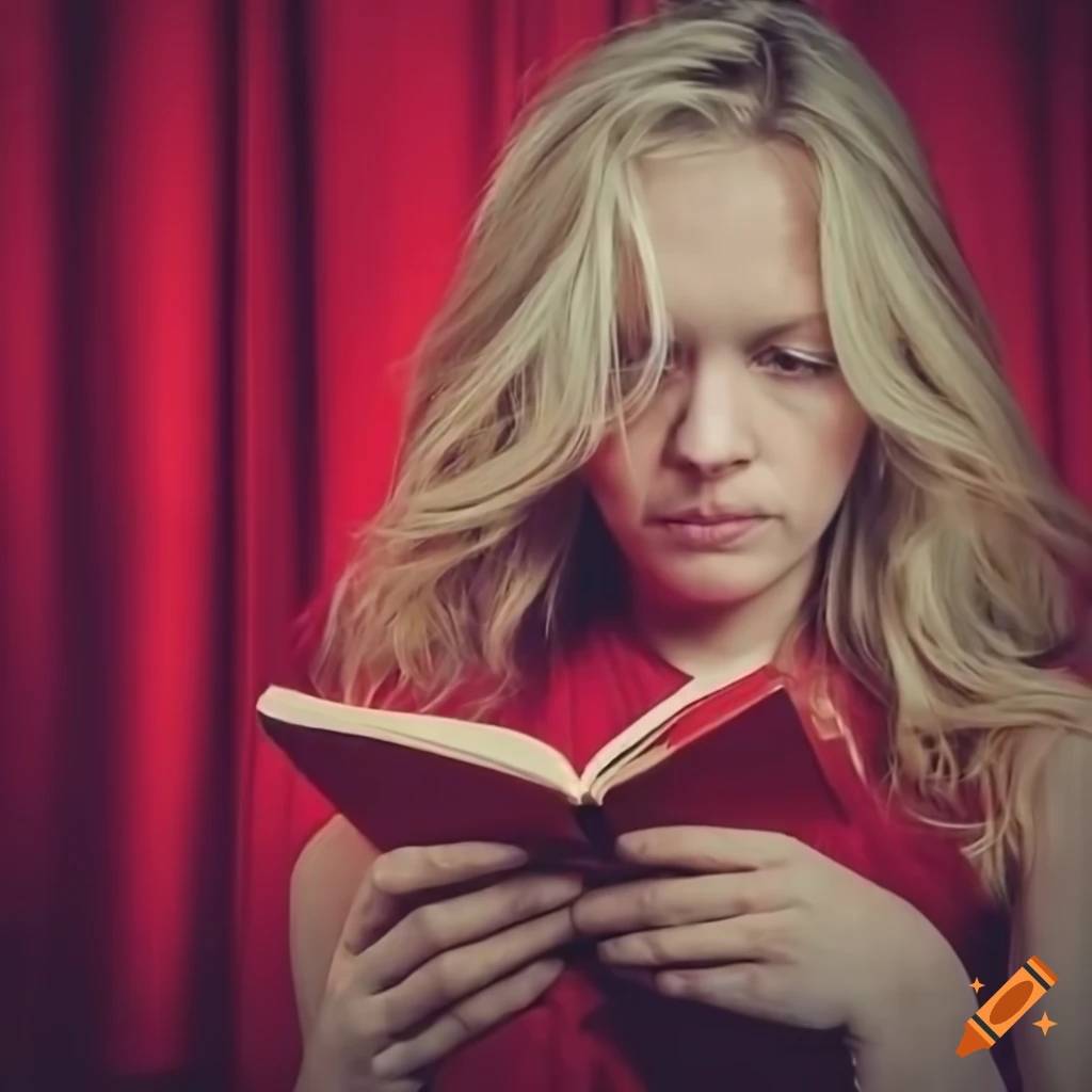 Portrait Of A Blonde Woman Reading A Book In Front Of A Red Curtain On Craiyon 