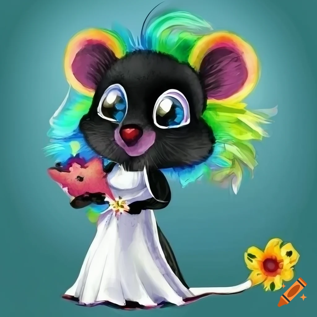 Cute storybook black mouse with rainbow hair in watercolor style