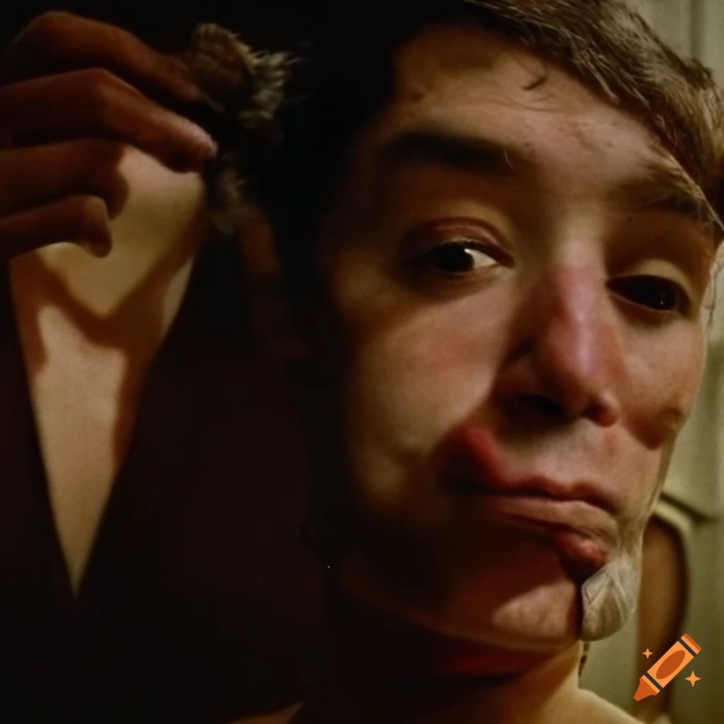Absurd experimental art photo of a man getting a haircut in a mirror