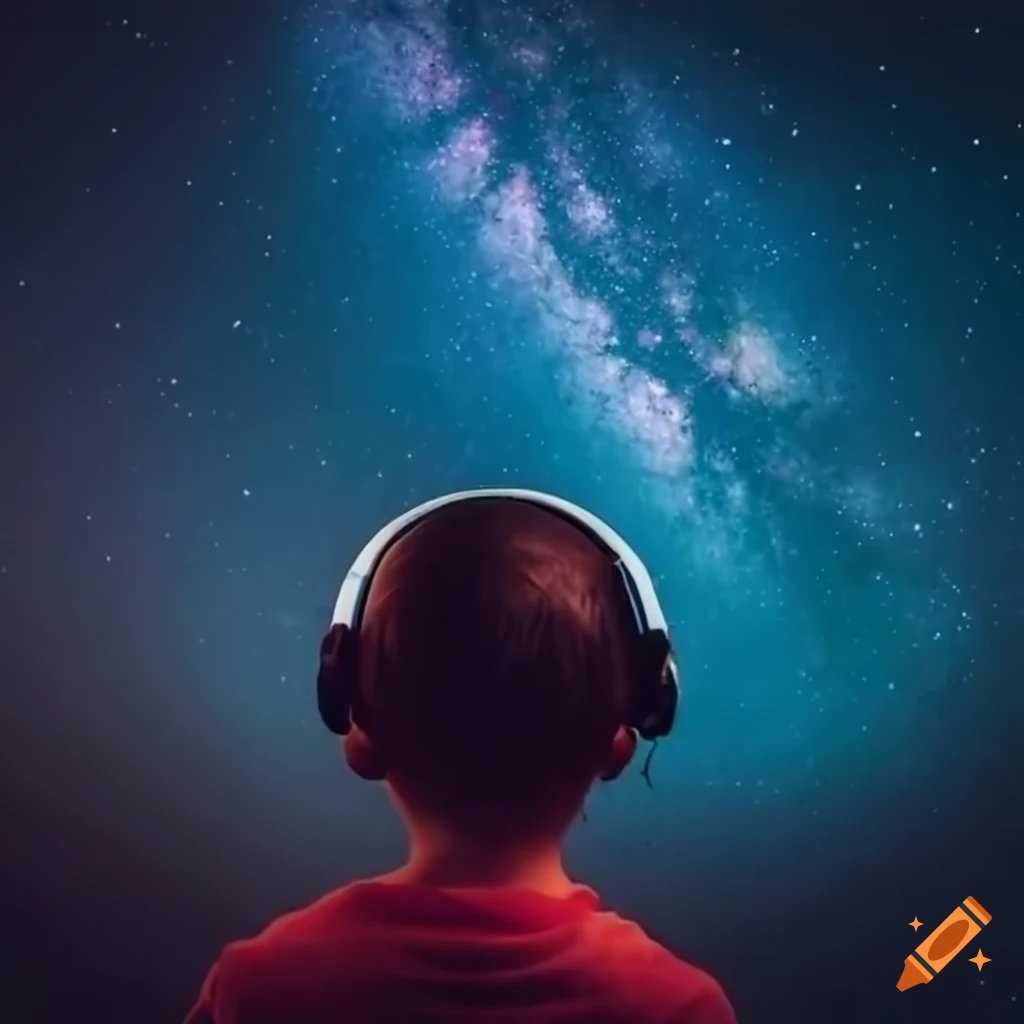 Melancholic boy stargazing while listening to music with bleeding