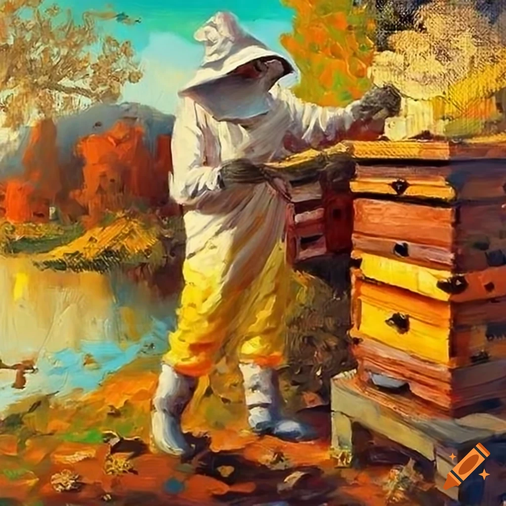 Lazy beekeeper tending to honeybees and beehives in a medieval landscape