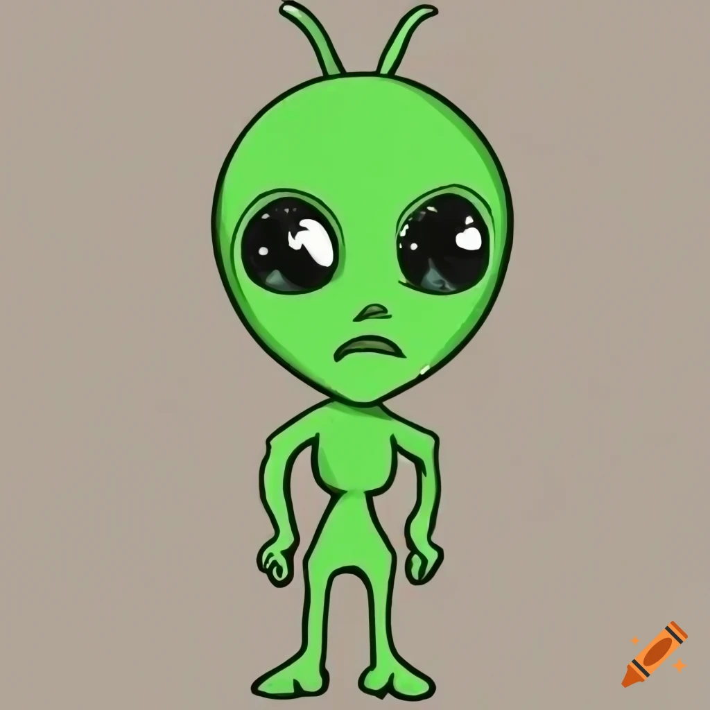 Sad green alien with black eyes in a cartoon style