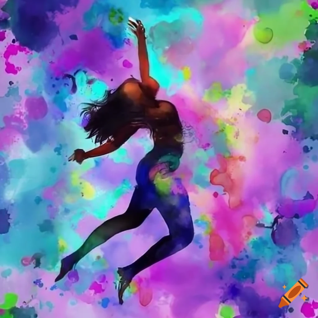 Joyful black women jumping with watercolor splashes
