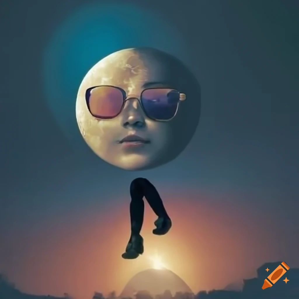 Moon with sunglasses and running shoes talking to the sun