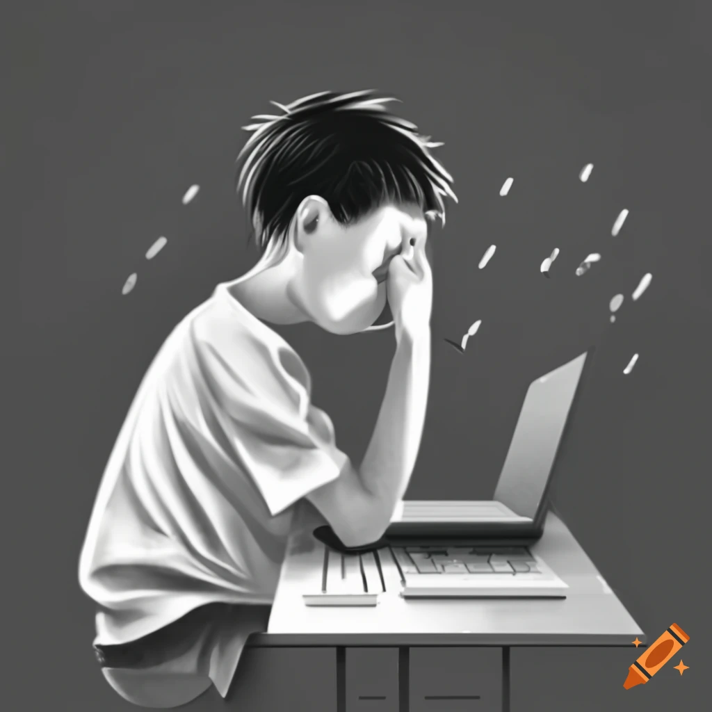 Boy crying while looking at computer on Craiyon