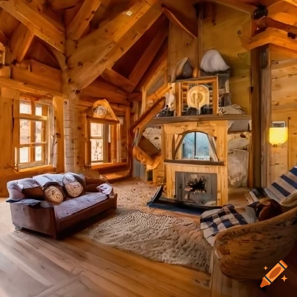 Interior of timber frame ski lodge with wood stove in common area on ...