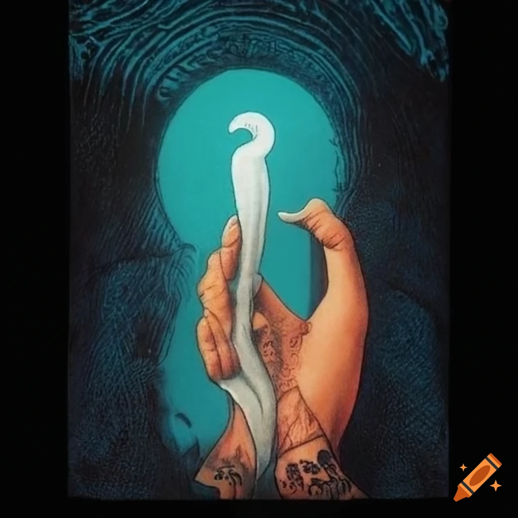 80s rock album cover featuring tarot card 'The Lovers' and a semicolon tattoo