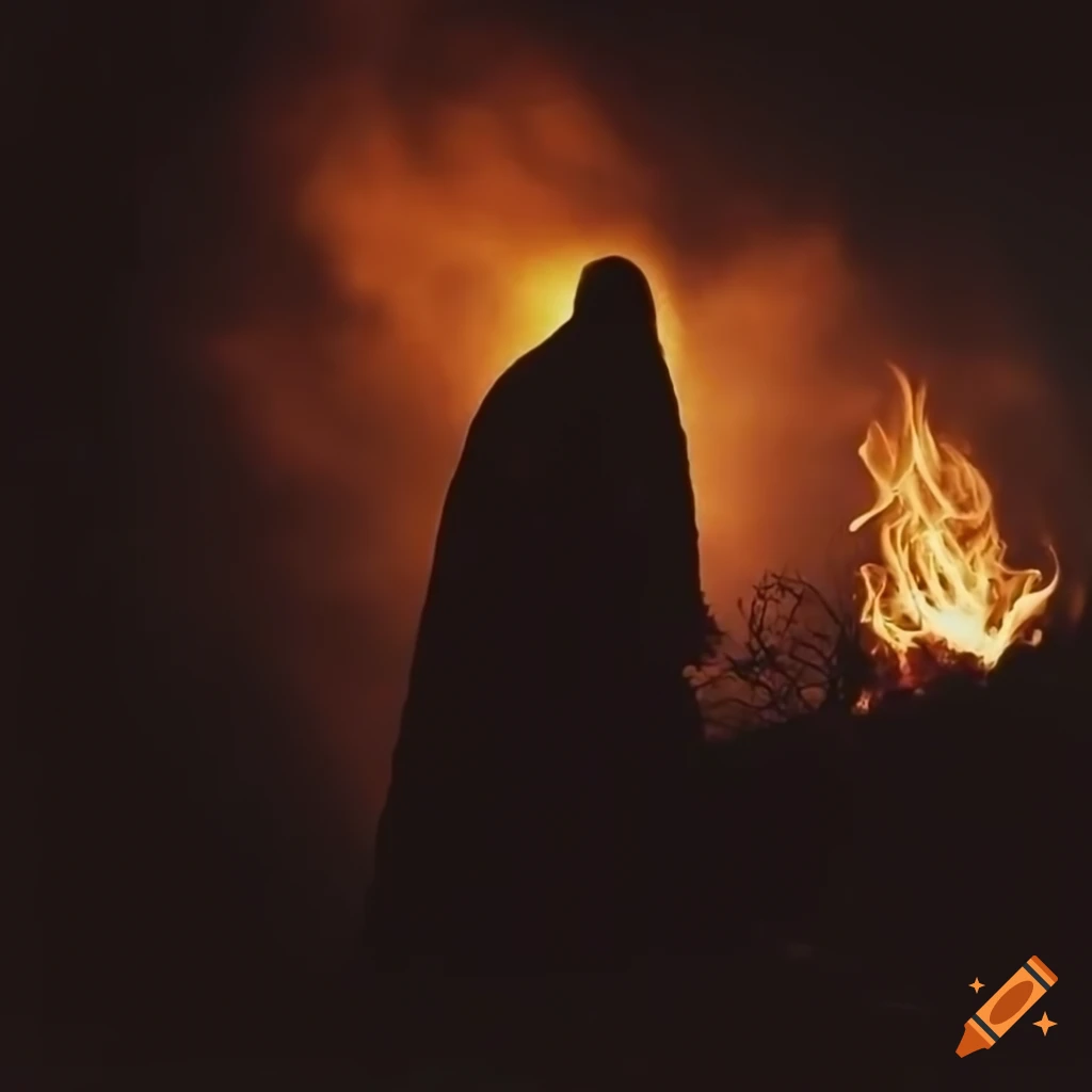 Moses encountering a burning bush in the desert wilderness