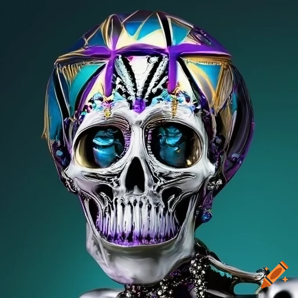 Artistic representation of a trillion skeletons in a Mardi Gras theme with a chrome finish