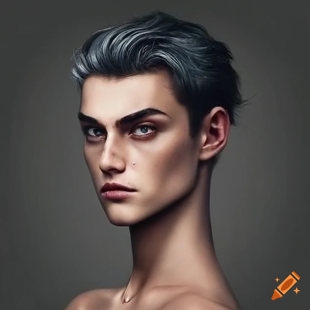 Portrait of a handsome man with dark hair resembling Jessica Stam