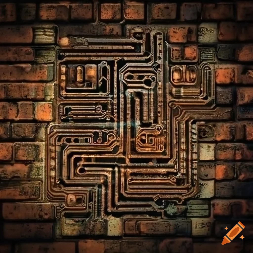 Printed circuit patterns blended with rusty water pipes on mossy brick ...