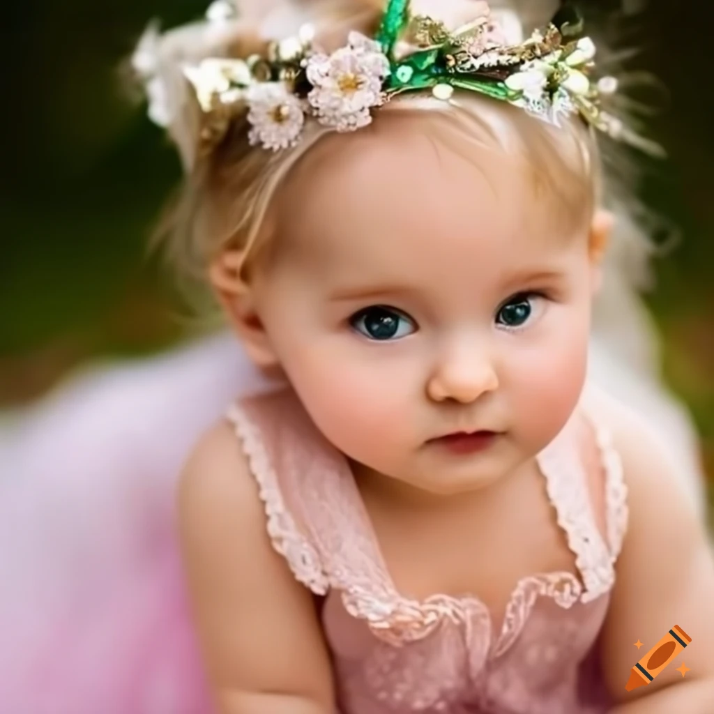 Beautiful baby girl in a floral crown and princess dress