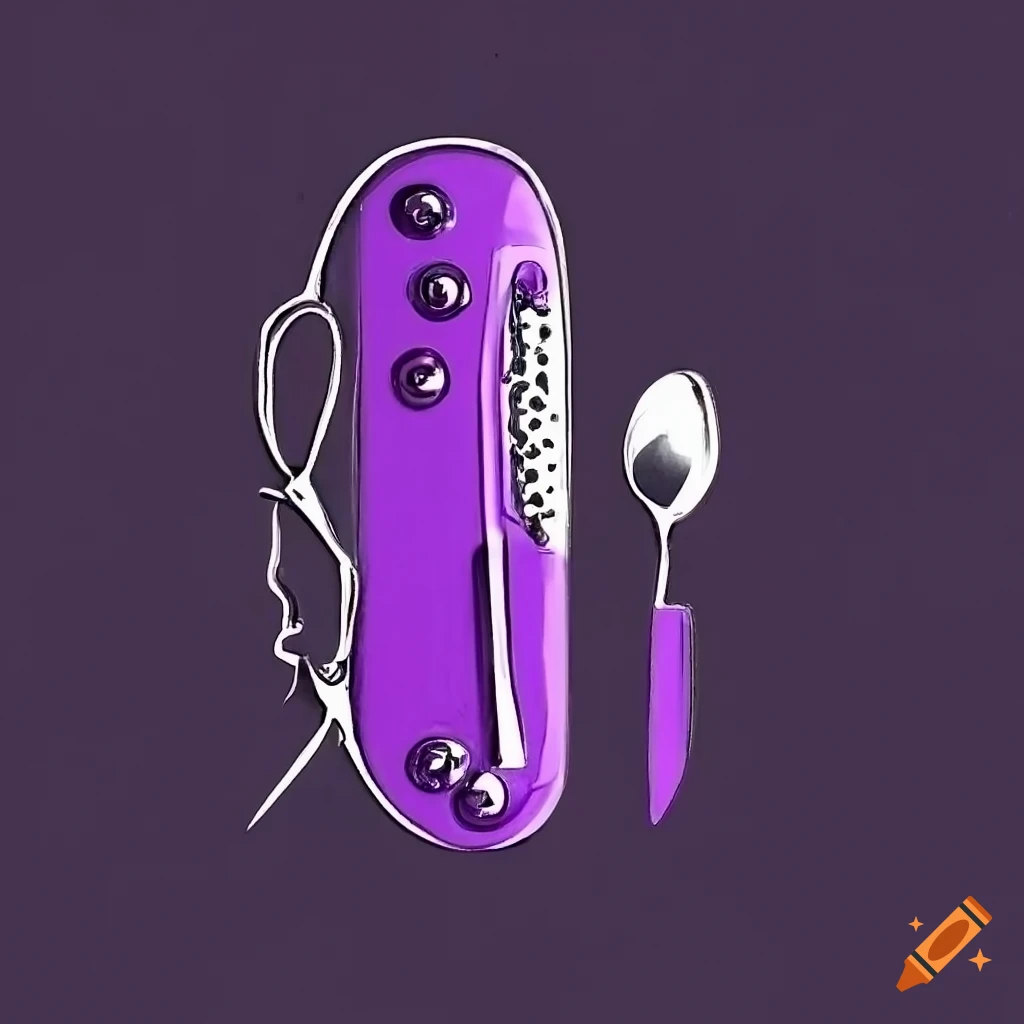 Minimalist single line drawing of pocket swiss knife and spoon in purple, black, and white