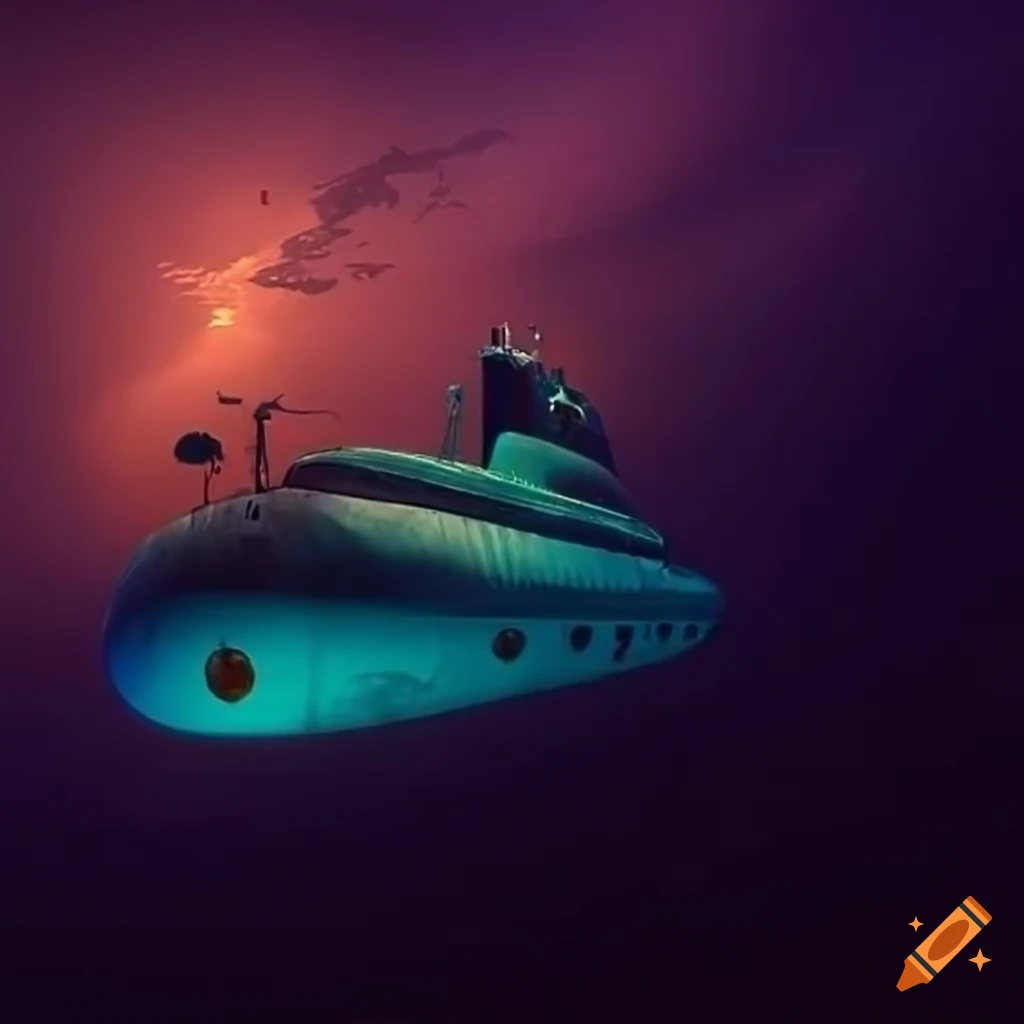 Intricately designed submarine exploring vibrant underwater world with unusual marine life, time travel theme