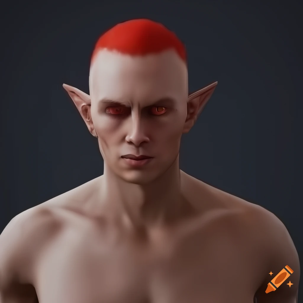 Sci-fi elf man with red eyes, gold piercings, and unique attire on Craiyon