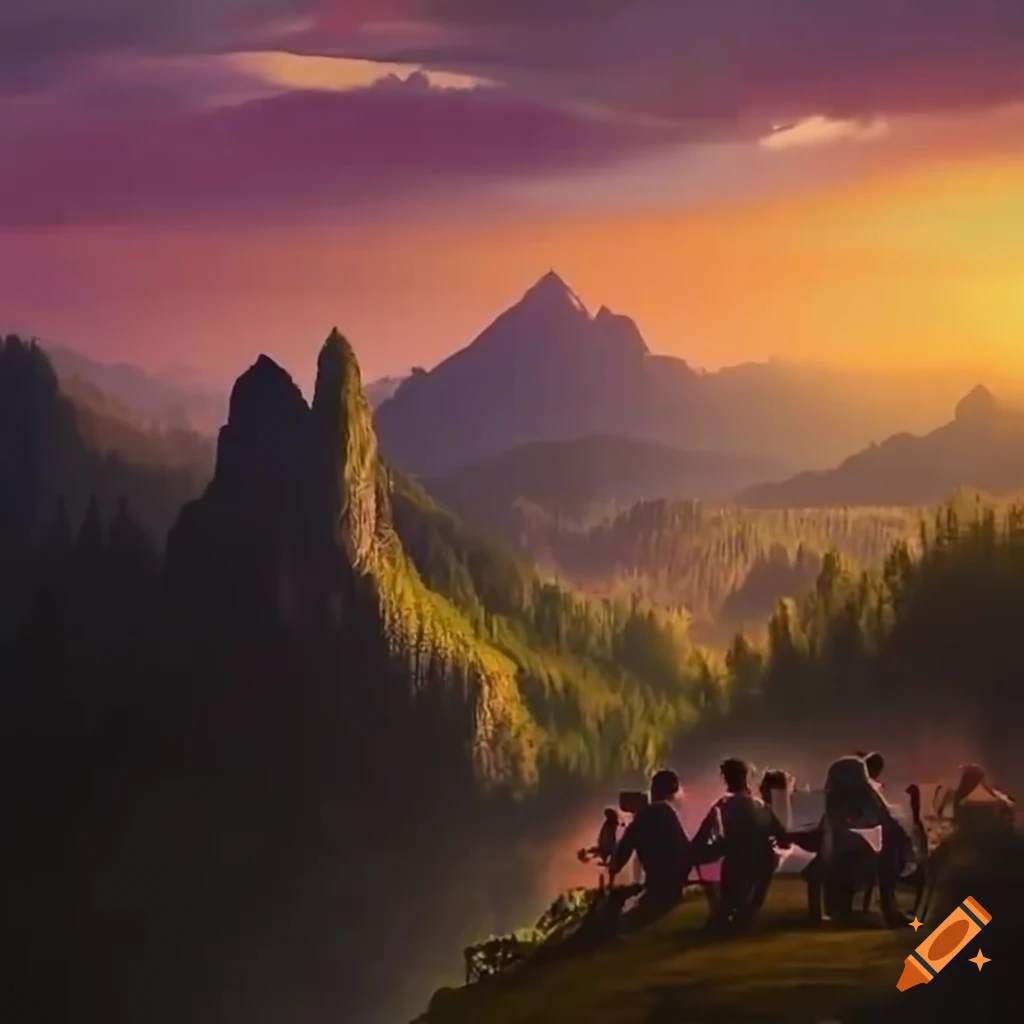 Sunset view of mountains and forest with a Steinway grand piano, pianist playing for an audience with wine