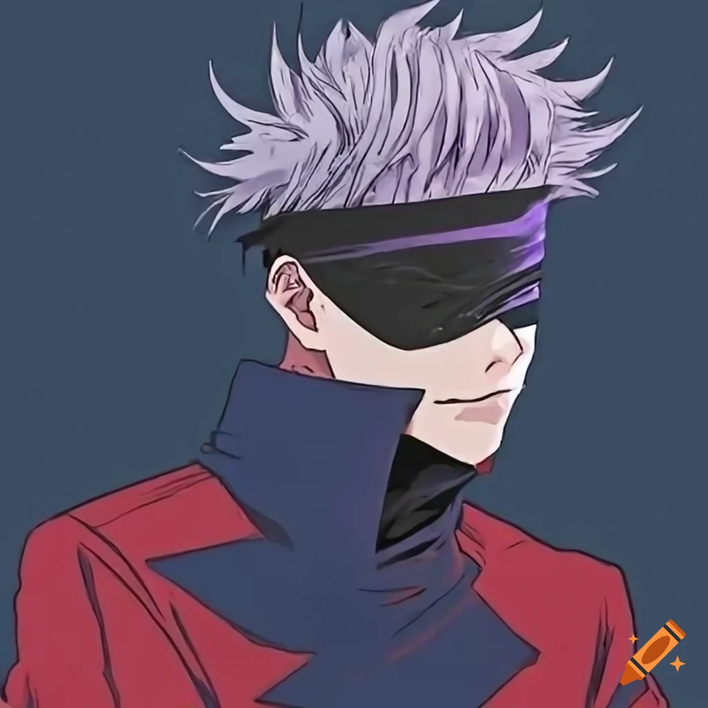 Gojo satoru in a stylish dark blue coat and red pants with a blindfold on Craiyon