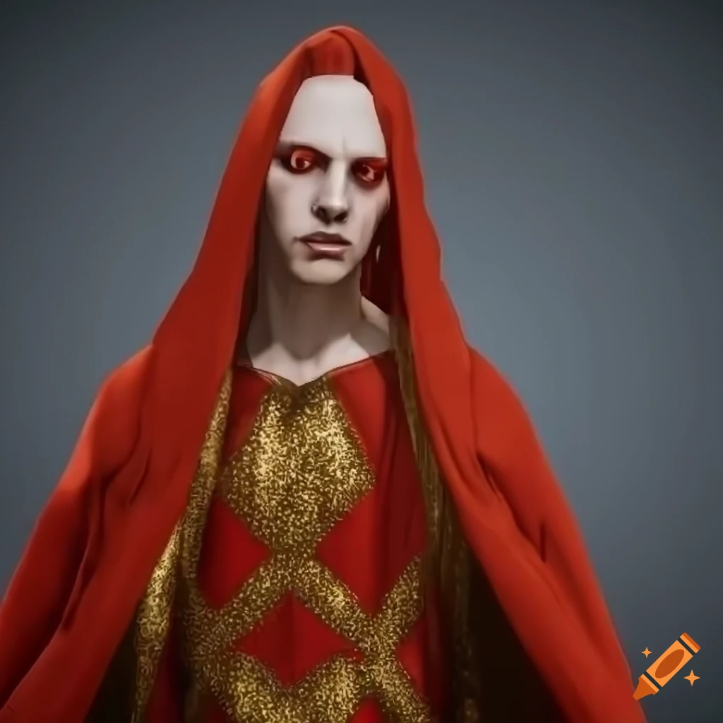 Pale-skinned elf man with long red hair and red-golden attire on a grey background