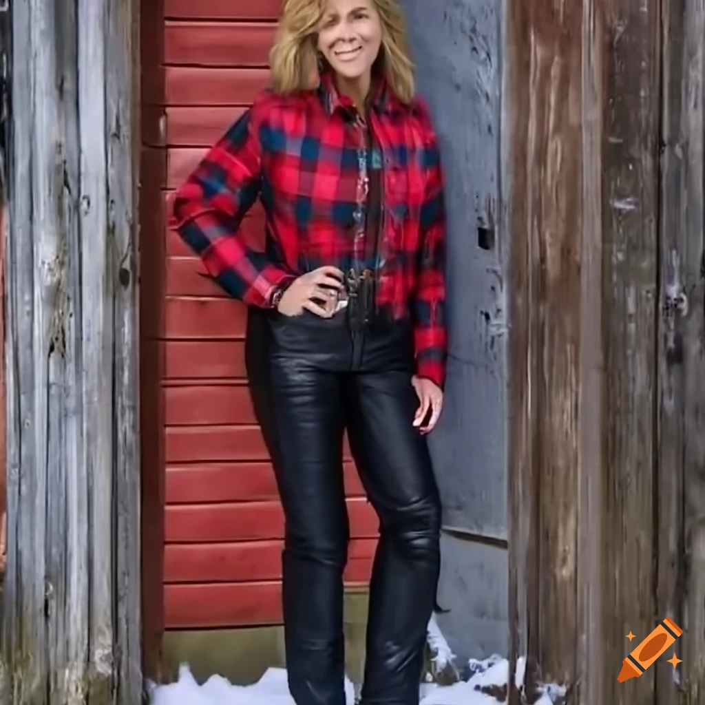 Young woman in red plaid shirt, black leather jacket, and trousers in a relaxed pose