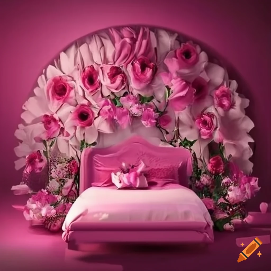 Fantasy pink bedroom filled with flowers on Craiyon