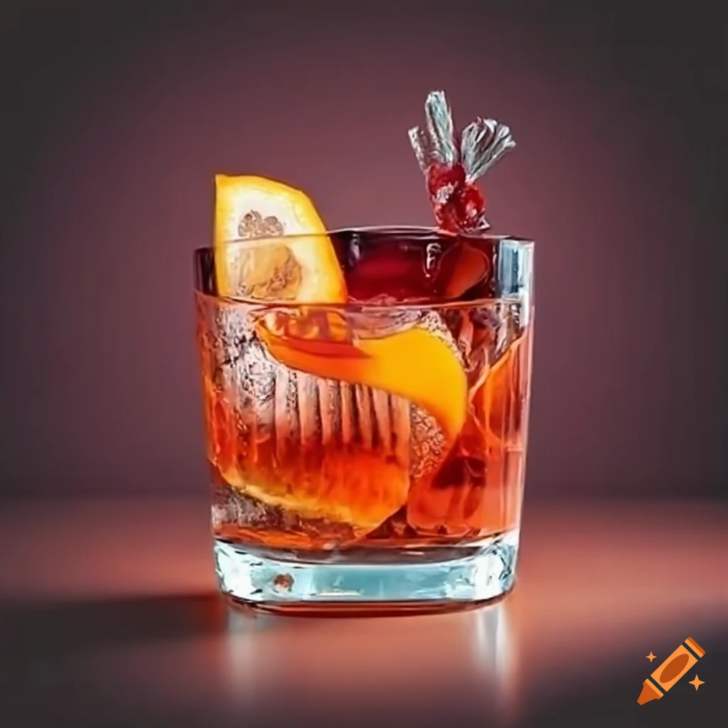 Negroni amaretto cocktail with gin, red vermouth, amaretto, and orange
