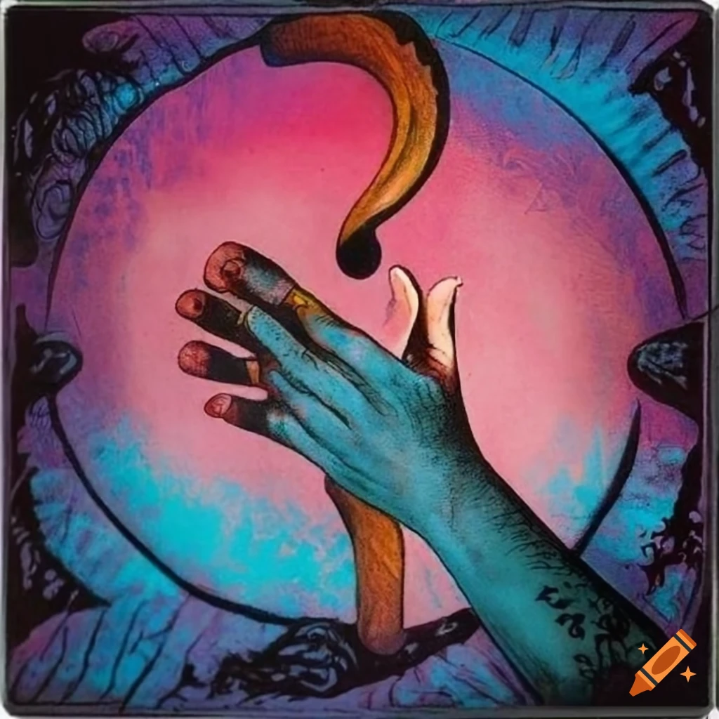 80s rock album cover featuring tarot card 'The Lovers' and a semicolon tattoo