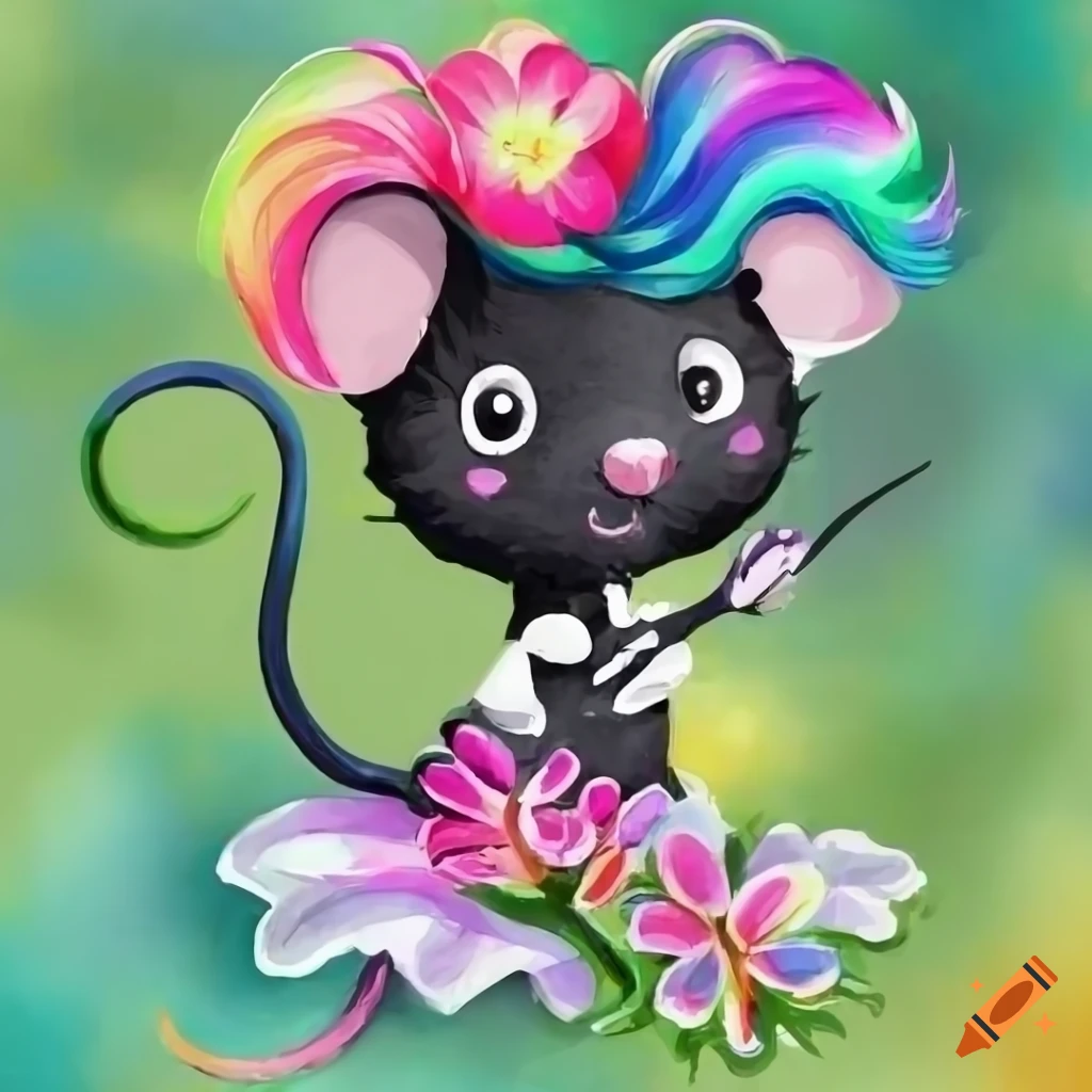 Cute storybook mouse with rainbow hair in a flower dress, watercolor style