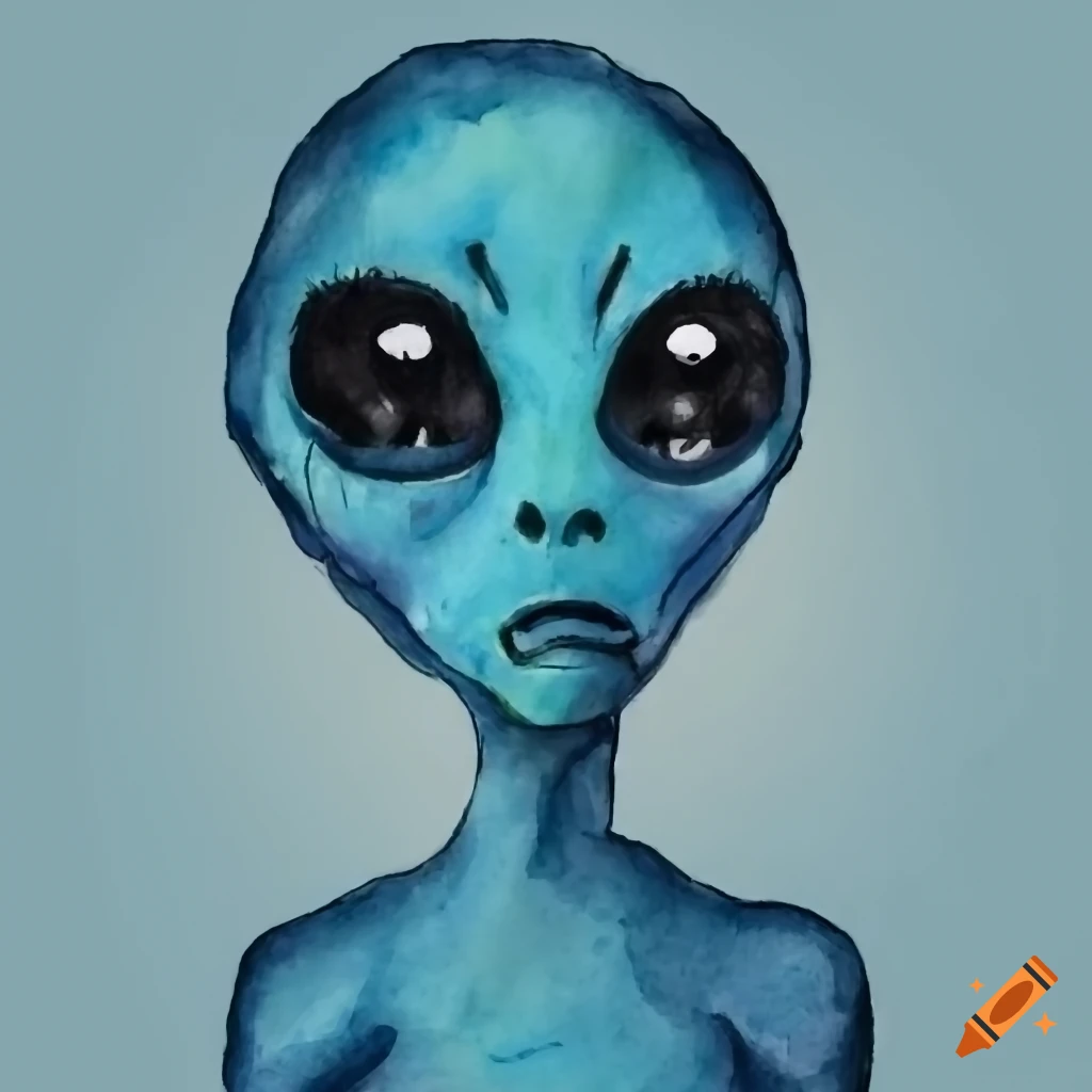Sad light blue alien with black eyes in a 90s cartoon style on Craiyon