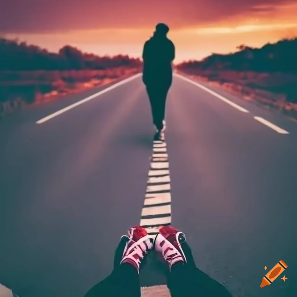 Legs walking on highway with sneakers