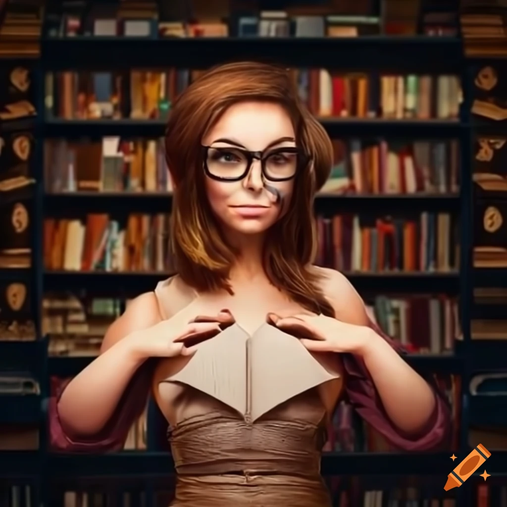 Stunning woman as a librarian among bookshelves