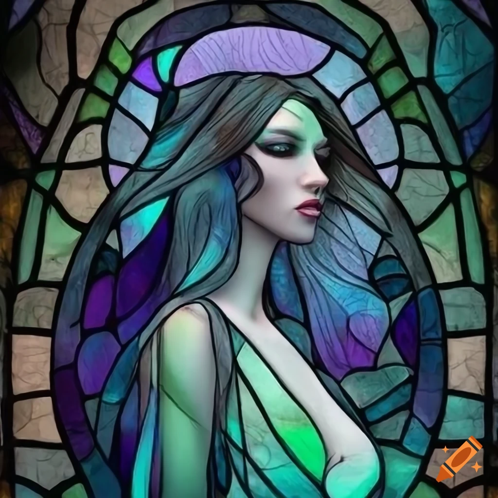 Pretty elven fairy with dark hair in a dark forest on stained glass