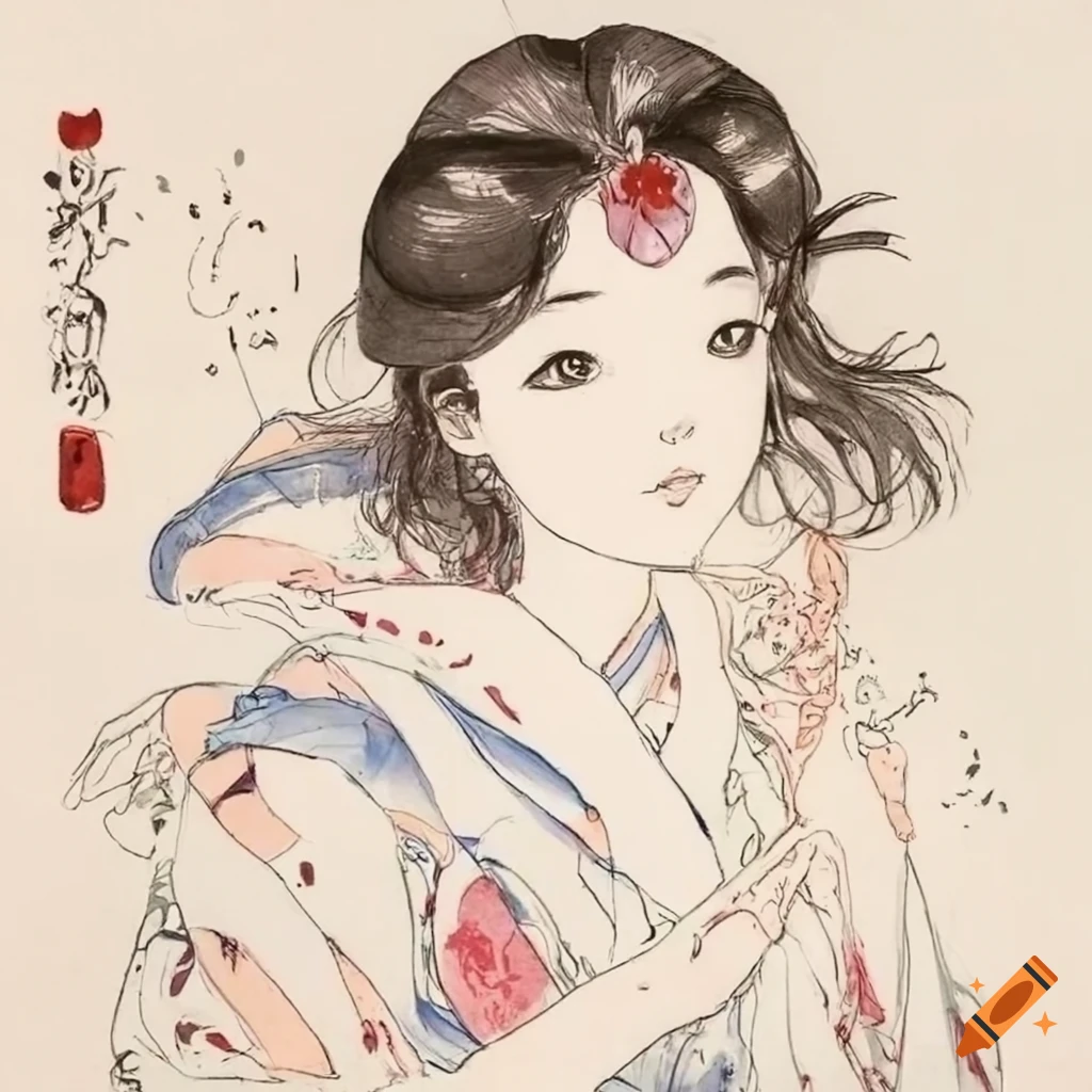 Japanese Inaka Drawing Manga ink sketch of Japanese woman in white attire by Kawanabe Kyōsai ...