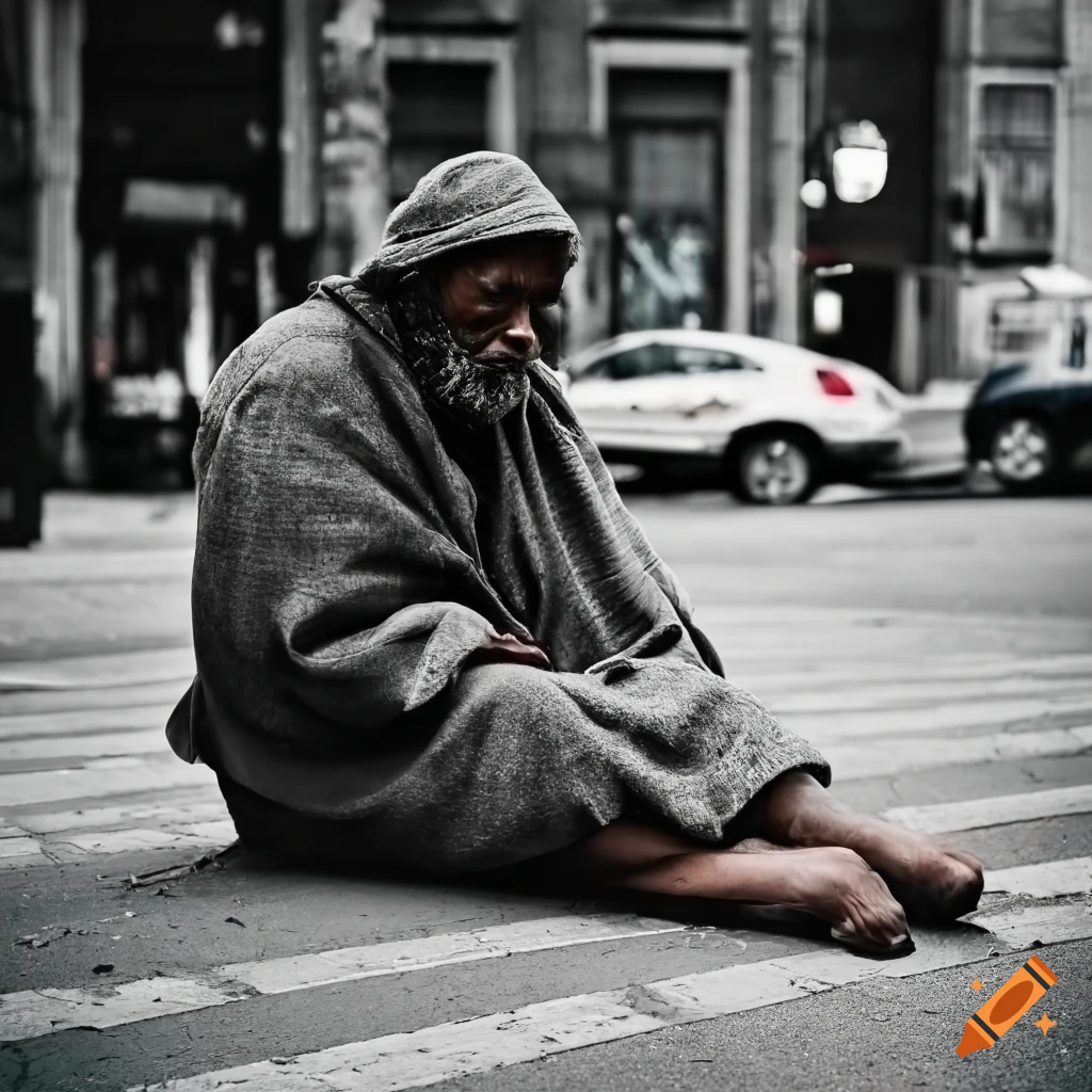 Poor homeless man sitting on a busy sidewalk