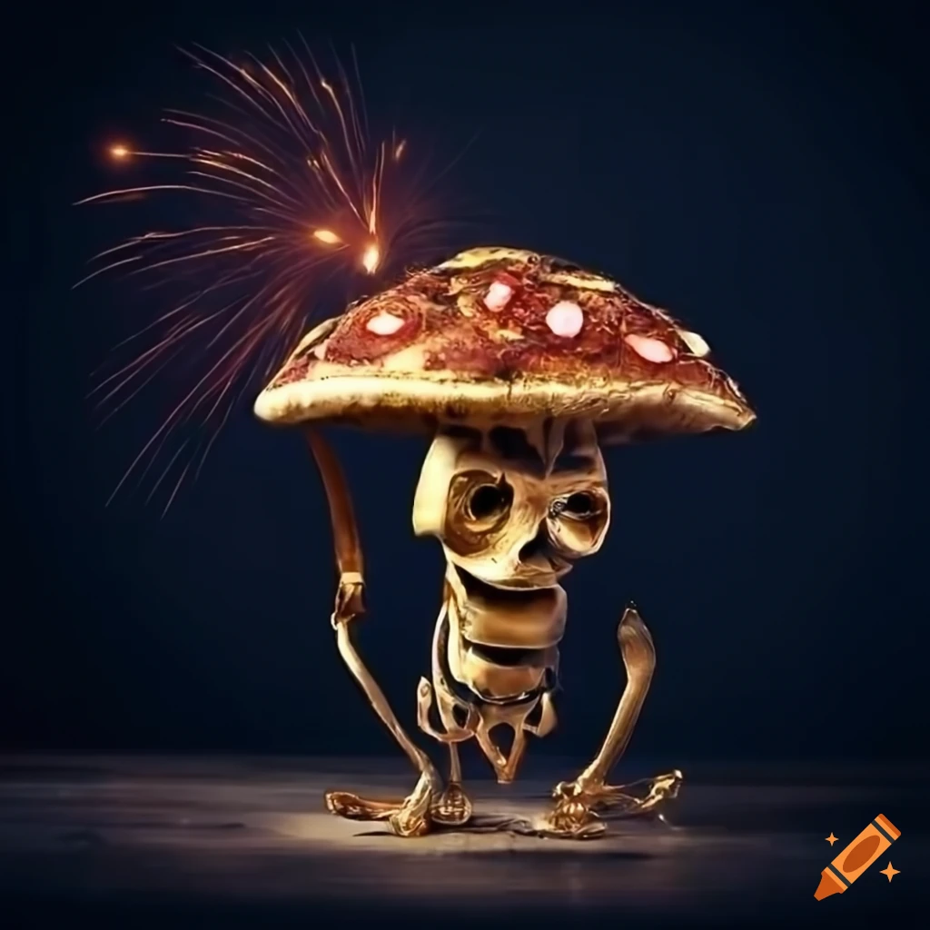 Skeleton with golden plating and gemstones, snake mushroom hat, intricate electrical wiring body