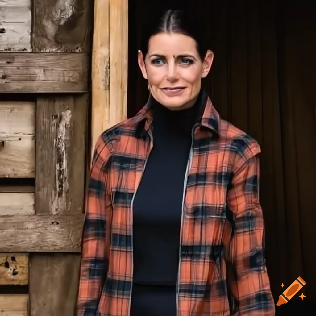 Young woman in orange plaid shirt and black leather outfit