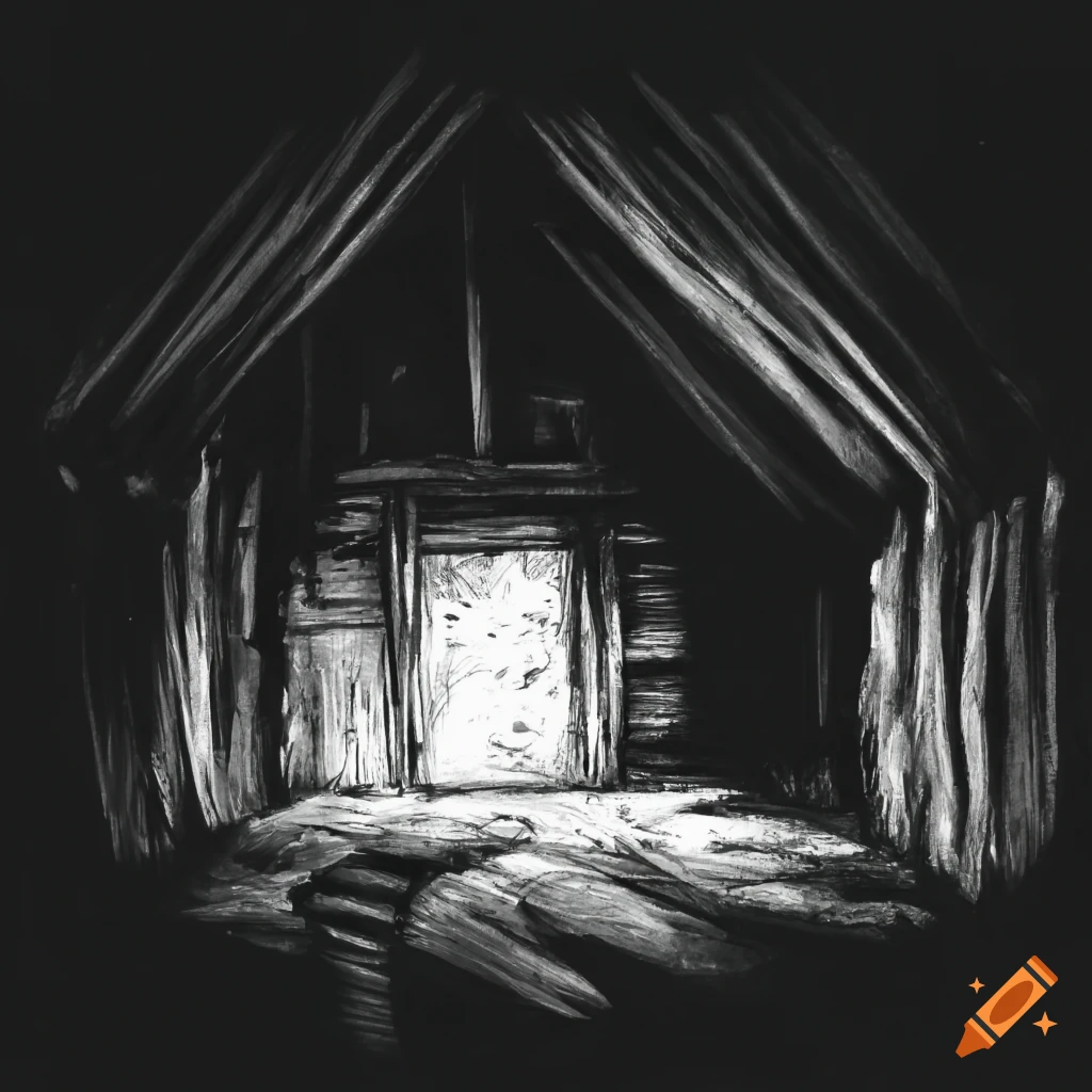 Interior of an old barn at night in charcoal drawing