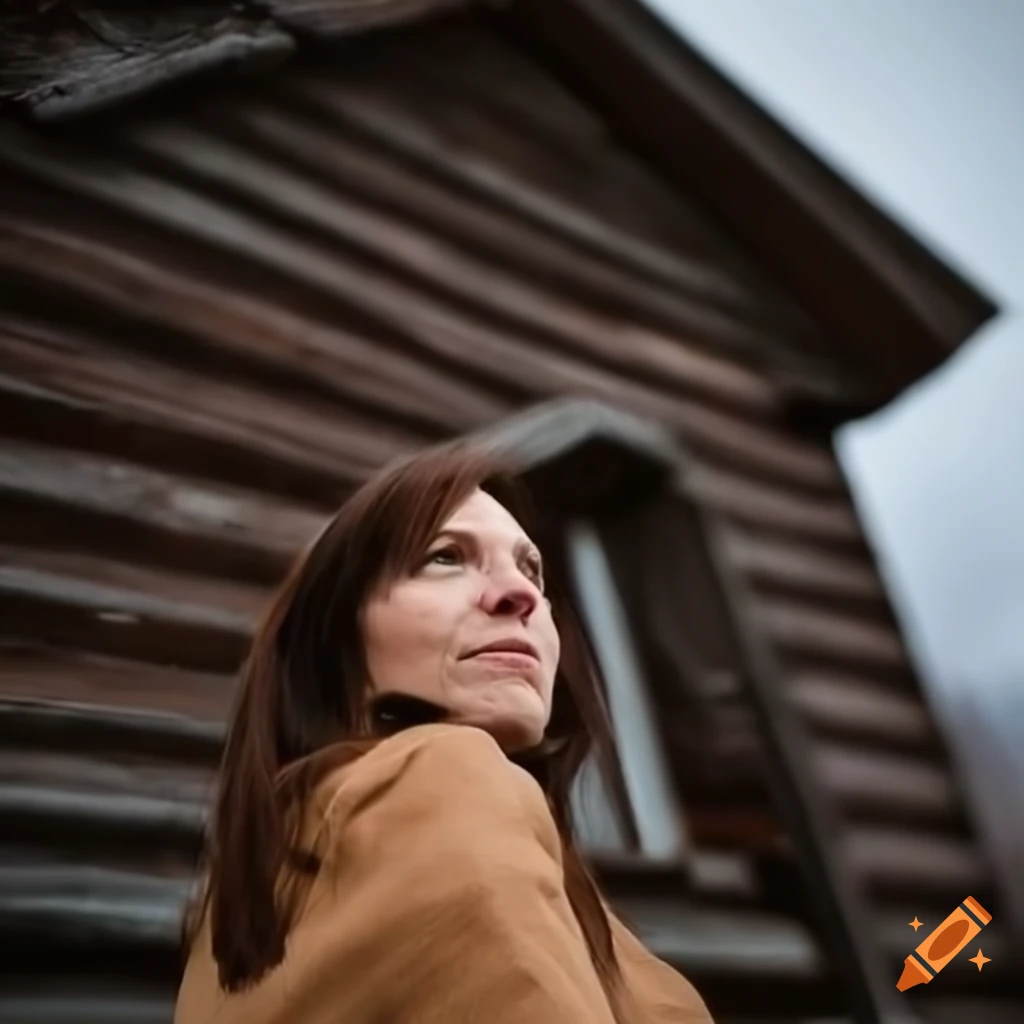 Brunette woman outside at a cabin with detailed features on Craiyon